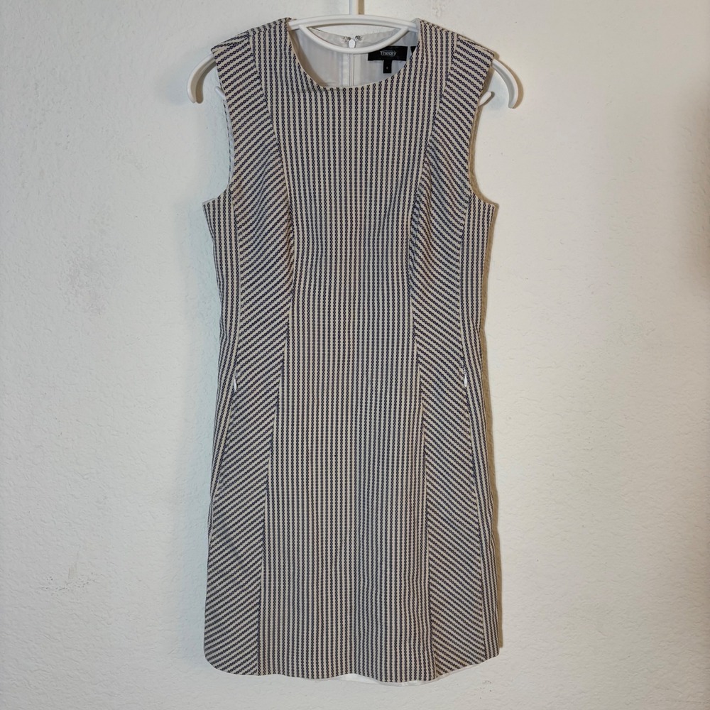Theory Helaina Sayre Stripe Dress Size 0 Navy White Wool Blend Sleeveless